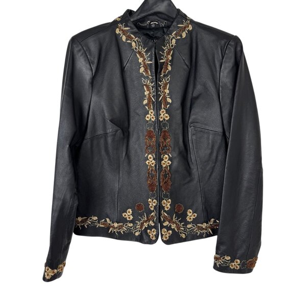 Pamela McCoy Black Leather Jacket Embroidery Beaded Women's Medium Boho Casual - Picture 1 of 13
